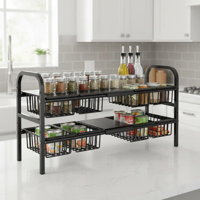 Under-Sink Organizer - 2-Tier Expandable Metal Rack with 2 Pull-Out Wire Baskets and Adjustable Shelves Black Home & Garden Kitchen Organizers