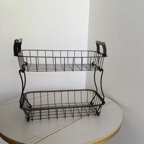 2-Tier Nordic Wire Fruit Basket Rack Wooden Handles Banana Holder Black 39x22x33cm Kitchen & Dining Kitchen Counter & Beverage Station Organizers