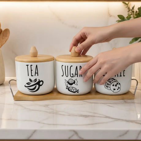 Canister Set - 4-Piece Ceramic 450ml with Bamboo Lids and Tray White Kitchen & Dining Food Storage Containers