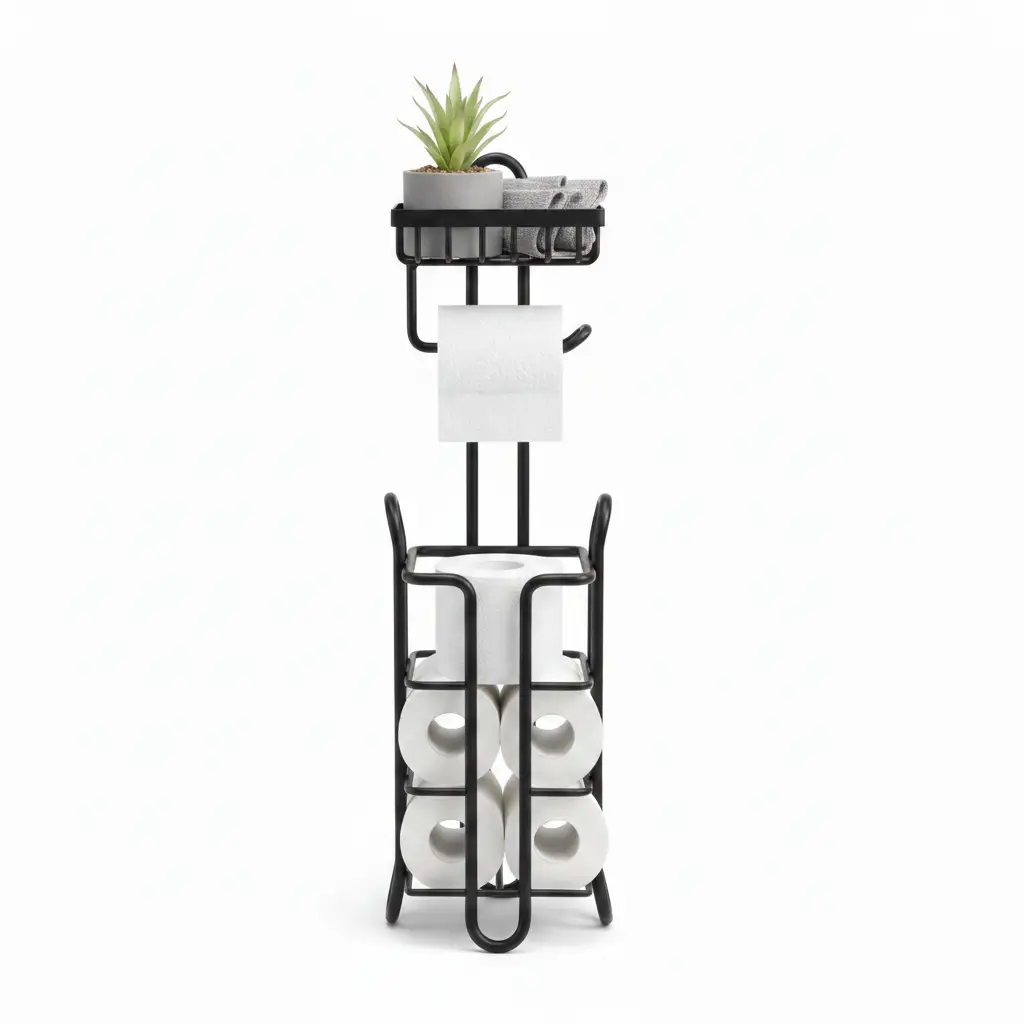 Toilet Roll Holder - 3-in-1 Freestanding with Storage Basket and Top Shelf Black Home & Garden Toilet Paper Holders