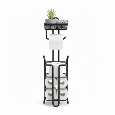 Toilet Roll Holder - 3-in-1 Freestanding with Storage Basket and Top Shelf Black Home & Garden Toilet Paper Holders