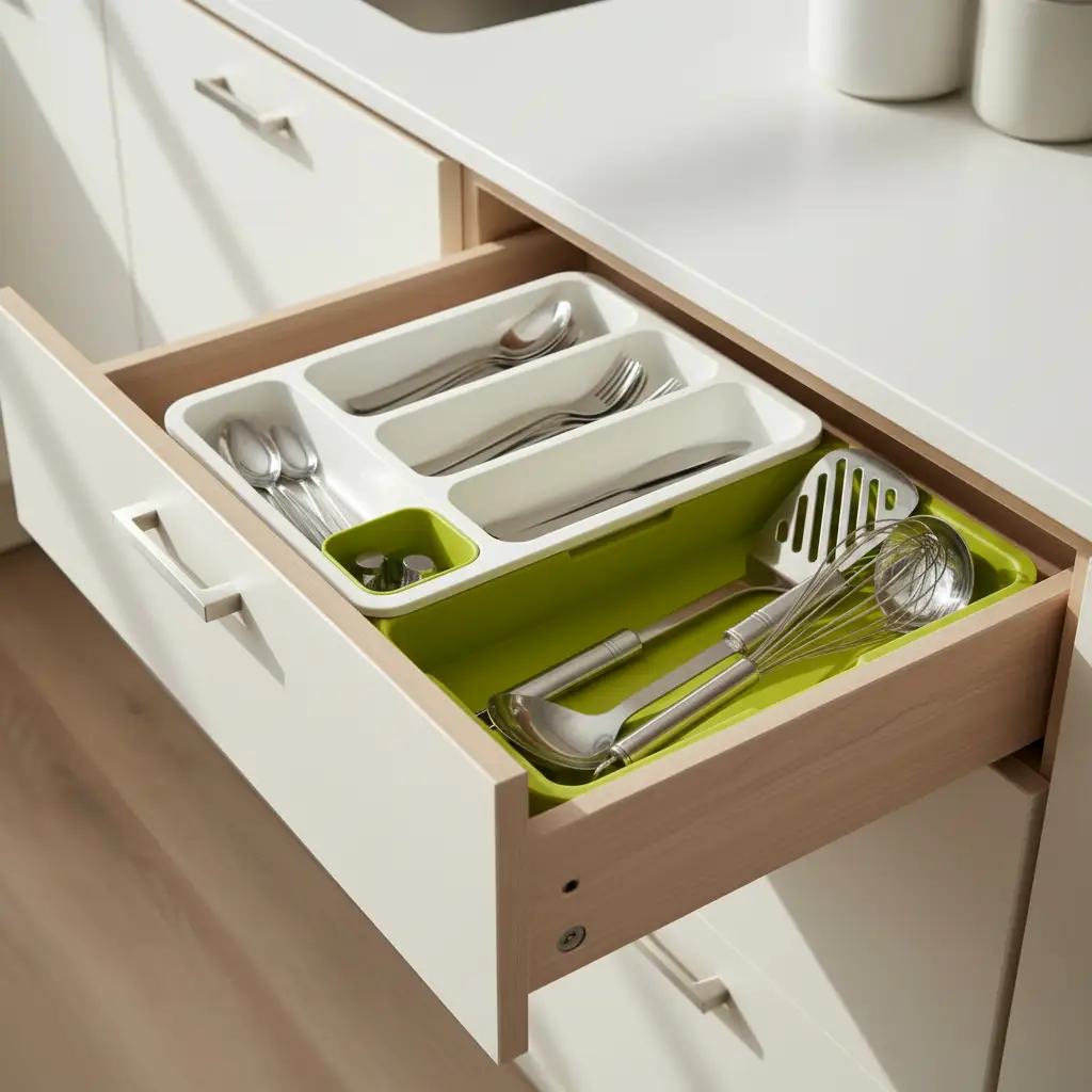 Cutlery Drawer Organizer - DrawerStore Expandable 5-Slot Tray with Removable Caddy White Green Kitchen & Dining Flatware Trays