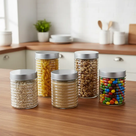 Storage Canister Set - 6-Piece Ribbed Glass with Silver Lids Kitchen & Dining Food Storage Containers