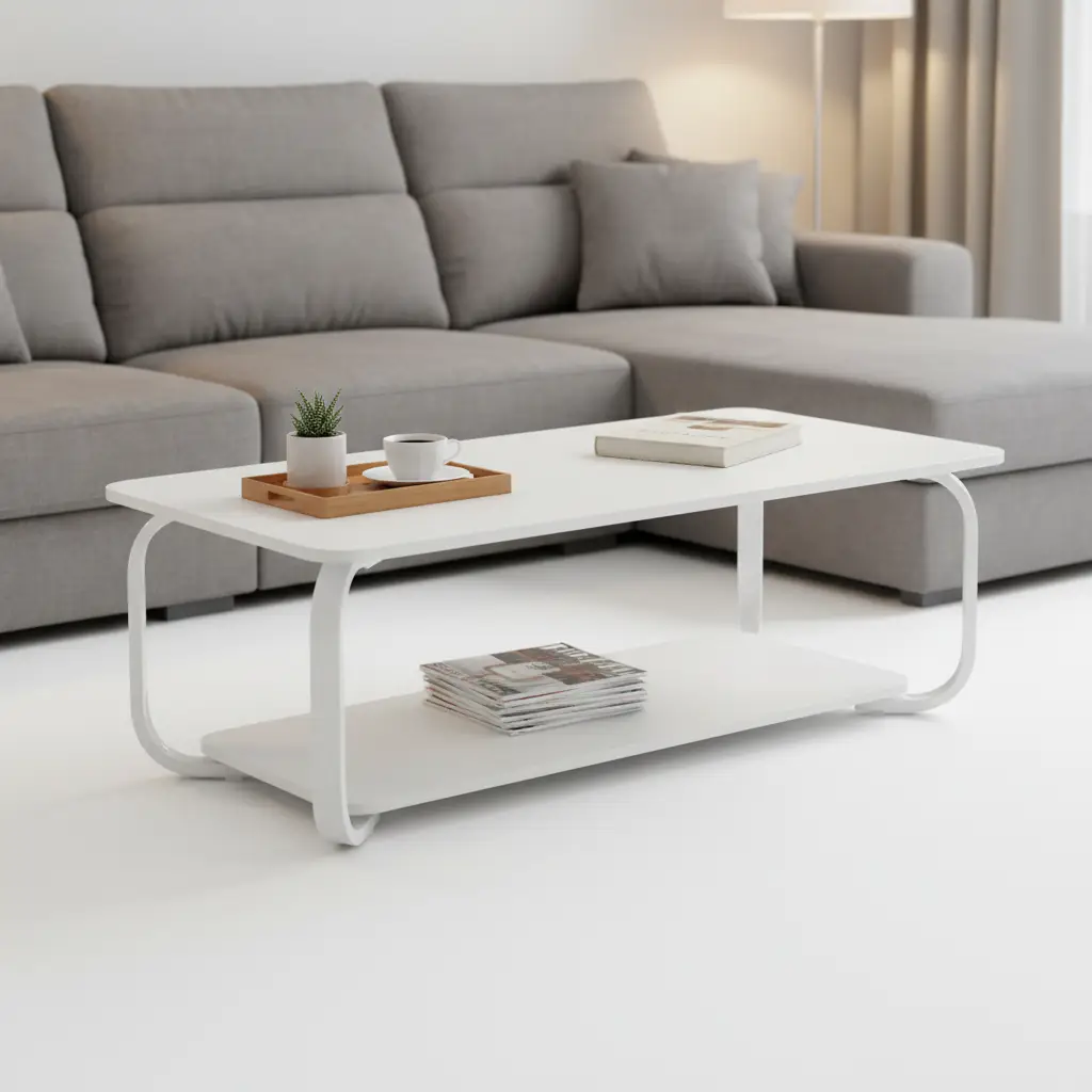 Two-Tier White Coffee Table with Curved Metal Frame Coffee Table Coffee Tables