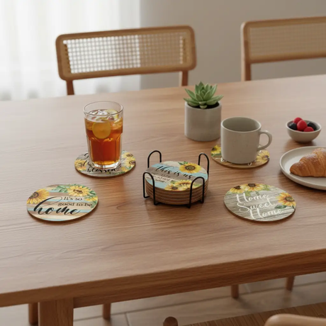 Drink Coasters - 6-Piece Sunflower Rustic Wooden Print with Metal Stand Kitchen & Dining Coasters
