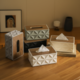 Luxury Geometric Tissue Box Holder with Wood-Finish Top