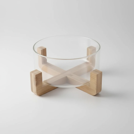 Salad Bowl - Borosilicate Glass with Wooden Base Kitchen & Dining Serveware