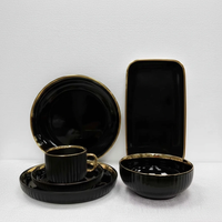 32-Piece Black Dinner Set with Gold Trim Ribbed Design Kitchen & Dining Dinnerware Sets