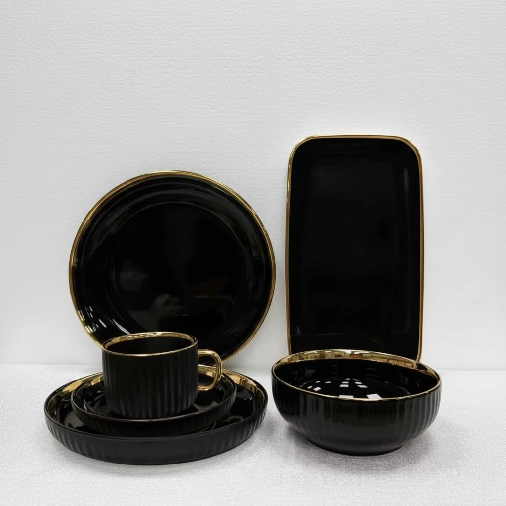 32-Piece Black Dinner Set with Gold Trim Ribbed Design Kitchen & Dining Dinnerware Sets