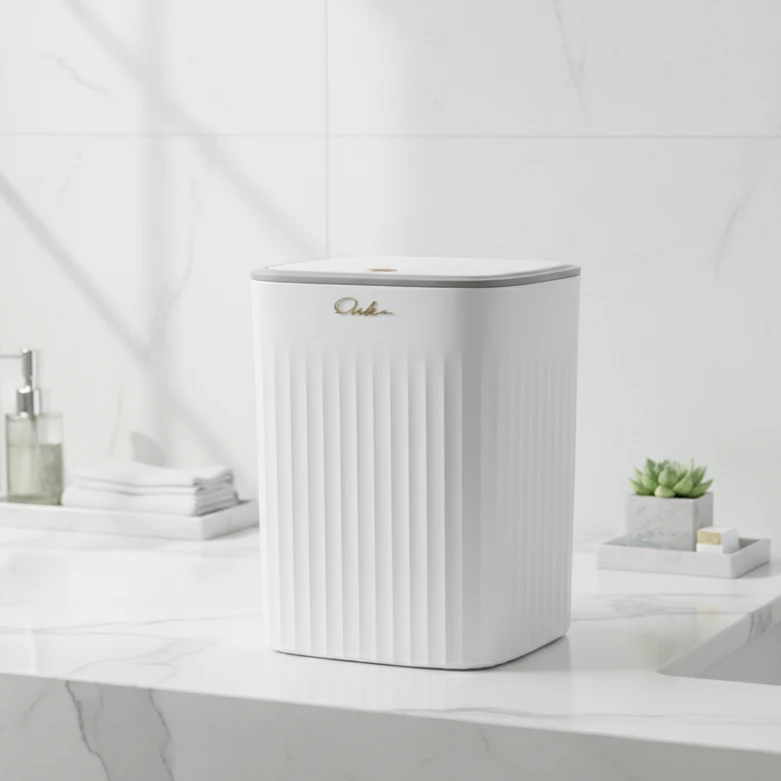 12L Bathroom Sanitary Dustbin White with Lid and Gold Accent Home & Garden Wastebaskets