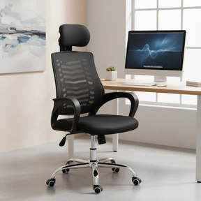 Office Chair - High Back Mesh with Adjustable Headrest and Chrome Five-Star Base Black Furniture Office Chairs