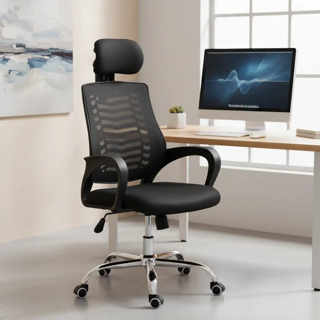 Office Chair - High Back Mesh with Adjustable Headrest and Chrome Five-Star Base Black Furniture Office Chairs