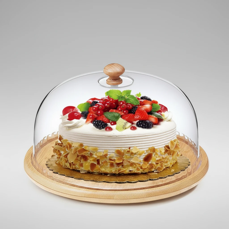Cake Stand - High Quality Bamboo Base with Acrylic Dome Cover Kitchen & Dining Cake Stands