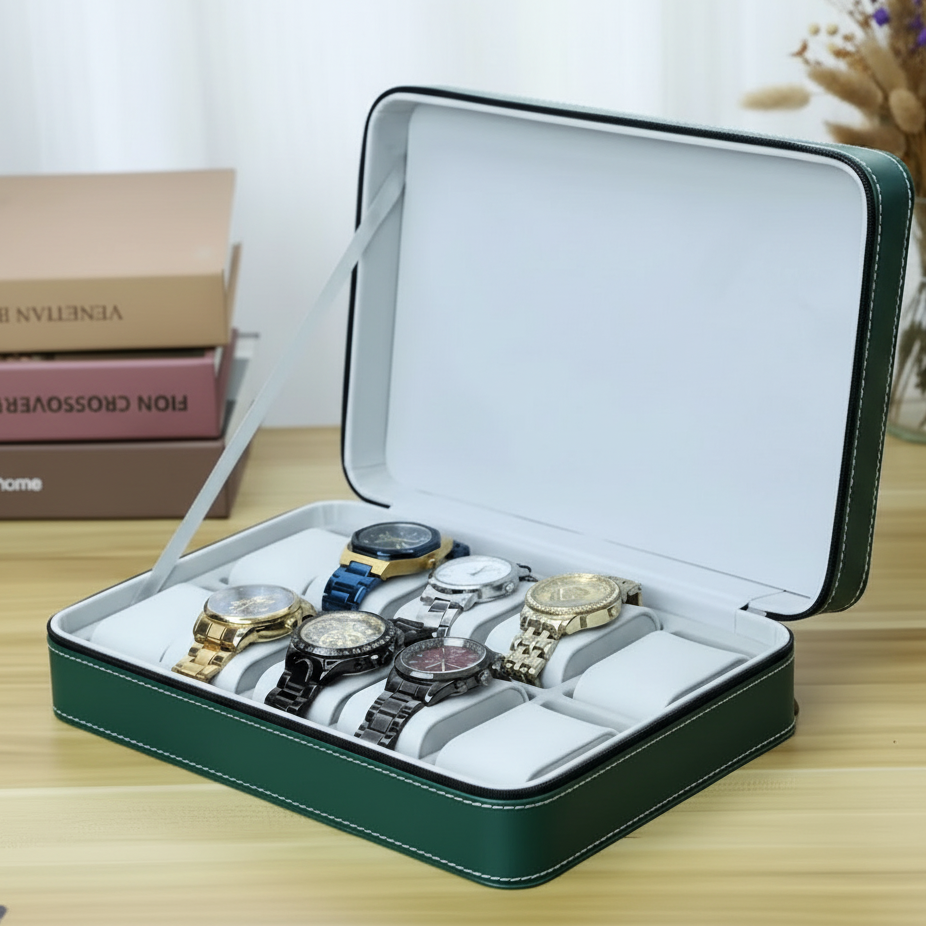 10-Slot Watch Storage Box Green PU Leather with Zipper Case Bags & Accessories Watch Accessories