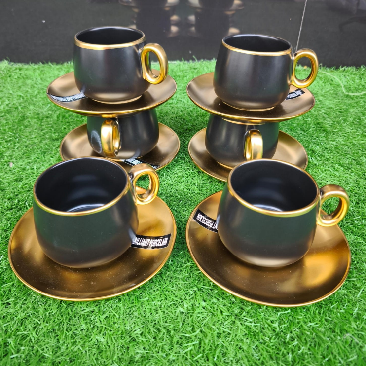 6 Piece Black and Gold Ceramic Cup and Saucer Set