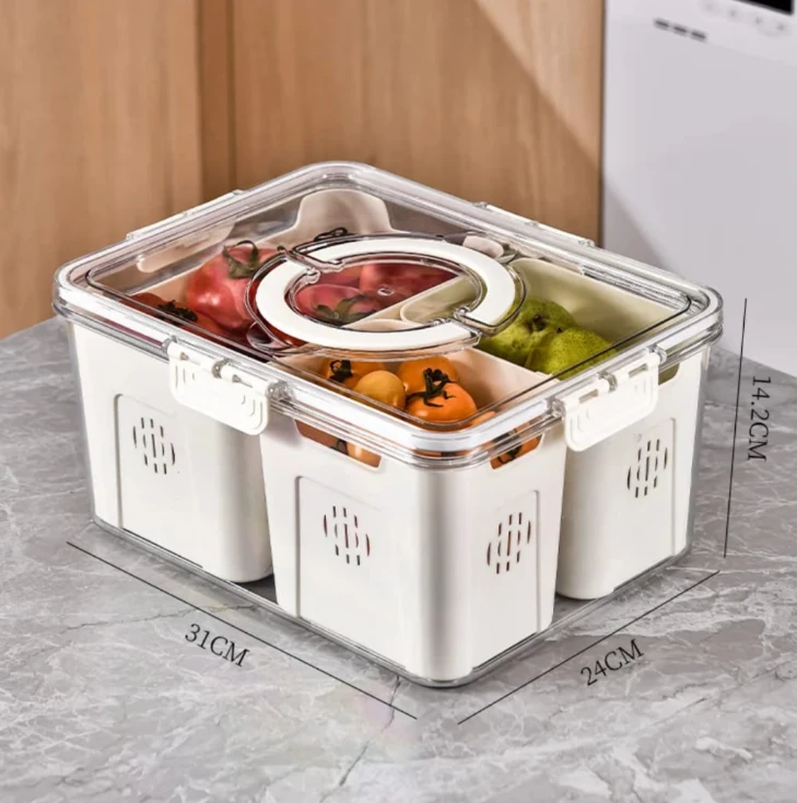 Stackable Fridge Storage Box Dual Sections Drain Basket Secure Lock 31x24x14.2cm Kitchen & Dining Food Storage Containers