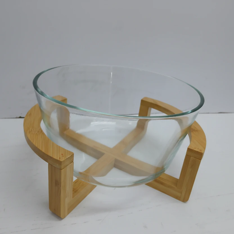 Salad Bowl - Borosilicate Glass with Wooden Base Kitchen & Dining Serveware