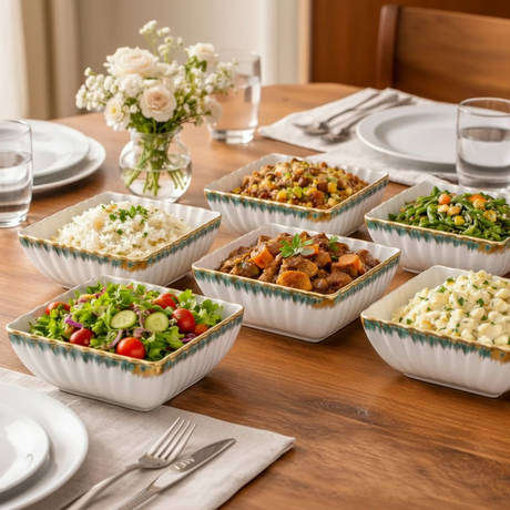 12-Inch Porcelain Serving Bowl with Gold Trim White Square Kitchen & Dining Serveware