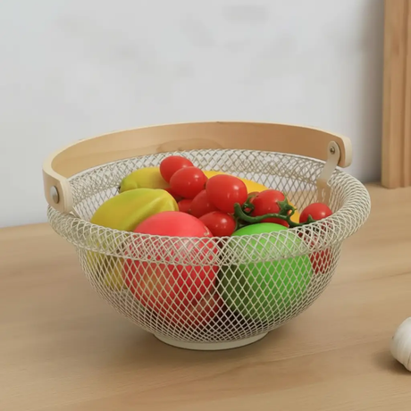 Fruit Basket - Round Wire Mesh with Bamboo Handle Kitchen & Dining Household Storage Baskets