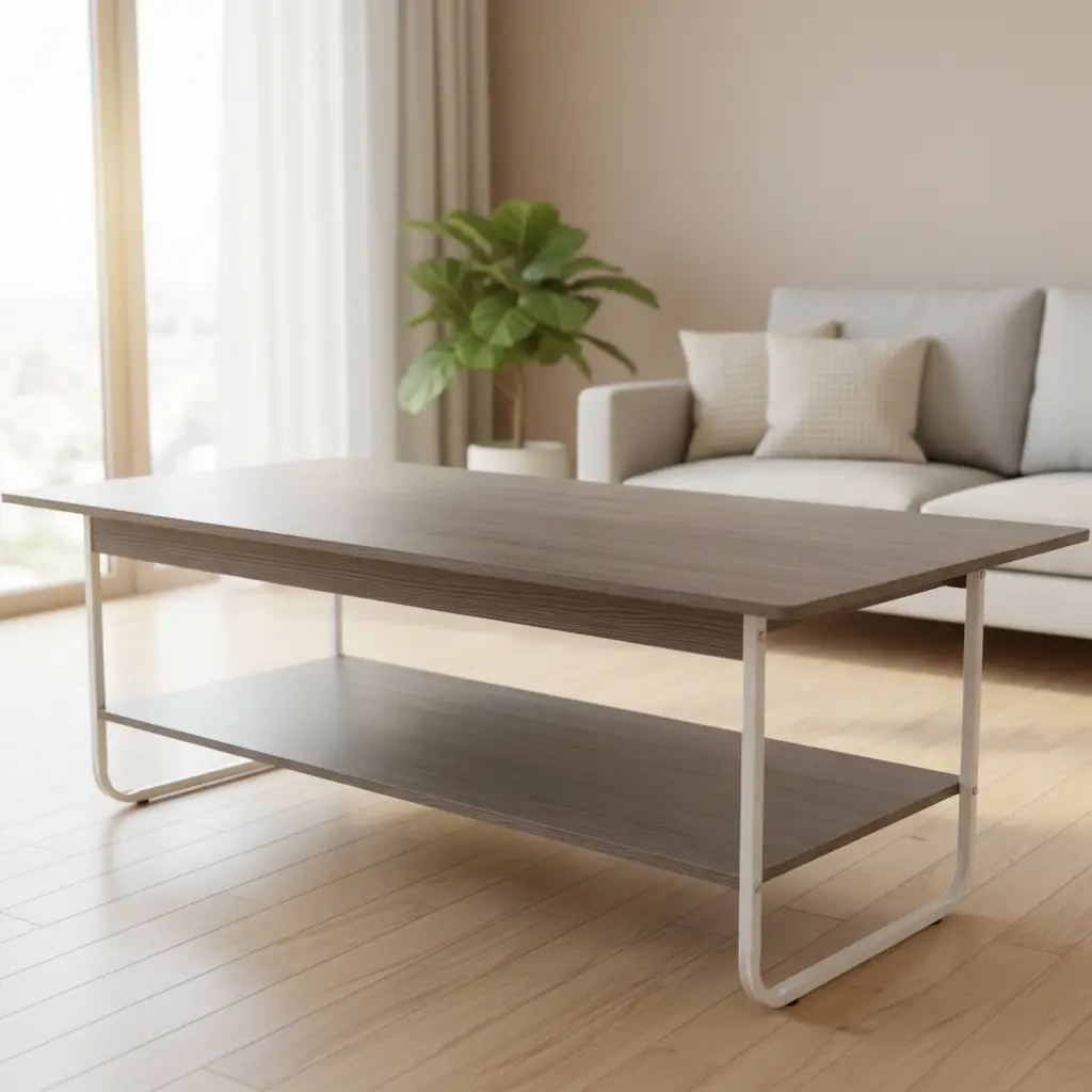 Two-Tier Coffee Table with Grey Wood Top & White Metal Frame Coffee Table Coffee Tables
