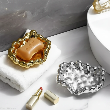 Luxury Ceramic Bubble Edge Soap Dish Drainage Tray 15x11x5cm Gold Silver Bathroom Countertop Jewellery Tray Home & Garden Soap Dishes & Holders