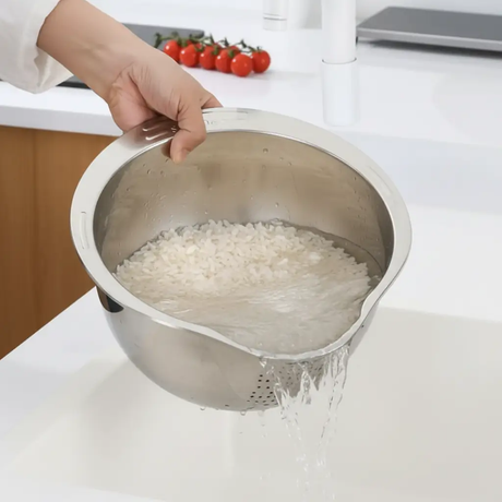 Colander - Heavy Duty Stainless Steel Rice Washing Bowl and Strainer with Pour Spout Kitchen & Dining Colanders