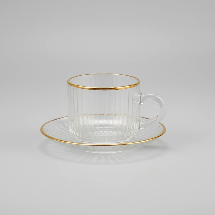 Delisoga Ribbed Glass Cup & Saucer Gold Rim 200ml Clear Crystal Kitchen & Dining Tea Sets