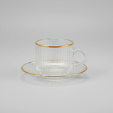Delisoga Ribbed Glass Cup & Saucer Gold Rim 200ml Clear Crystal Kitchen & Dining Tea Sets