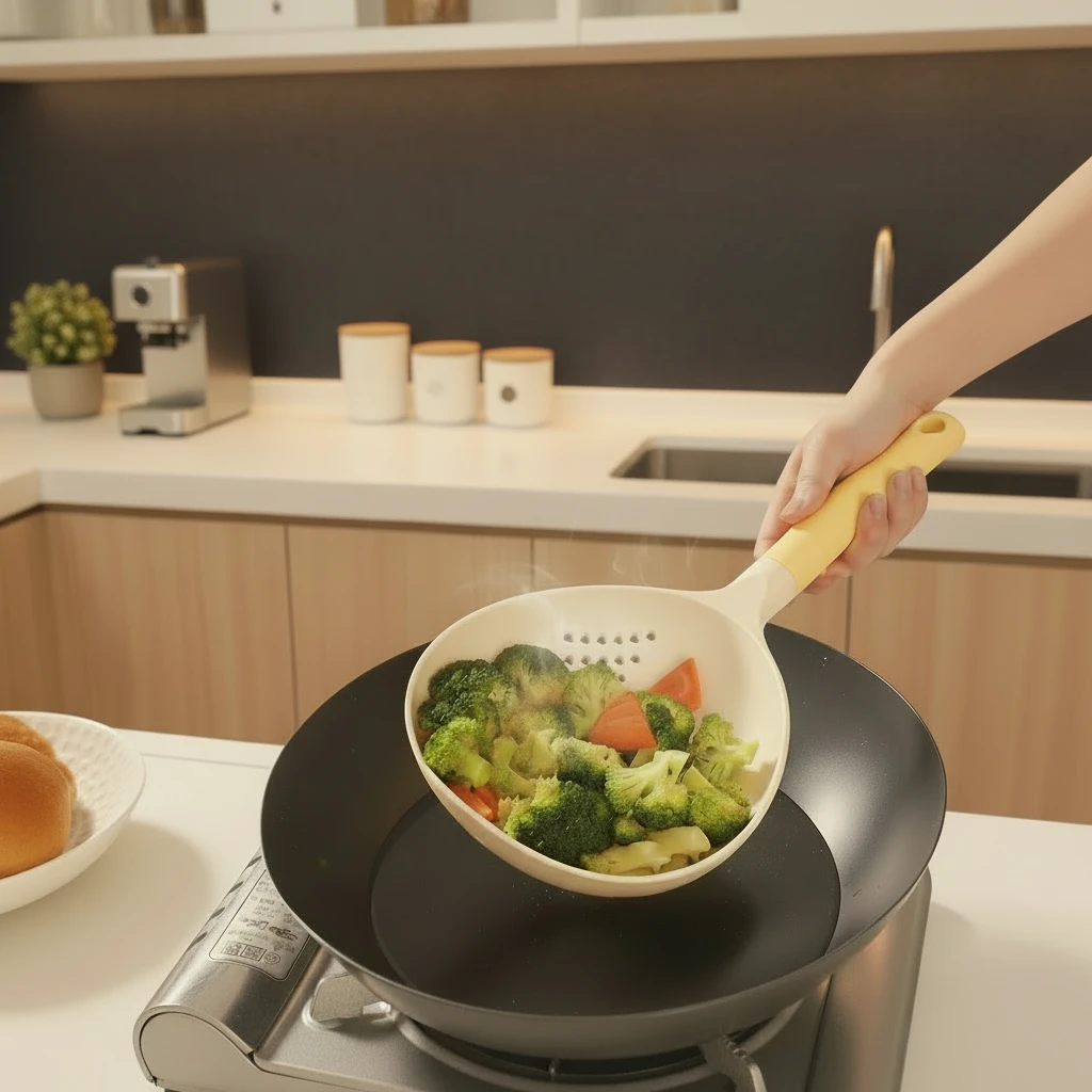 2-in-1 Large Kitchen Colander Strainer Soup Ladle Scoop 36.5x16.2cm Snap-Fit Handle High Temperature Silicone Green Kitchen & Dining Colanders