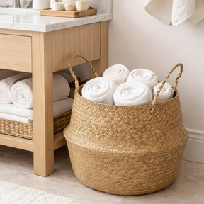 Large Seagrass Woven Belly Storage Basket 35x35cm Twin Rope Handles Boho Plant Pot Towel Blanket Organizer Home & Garden Baskets