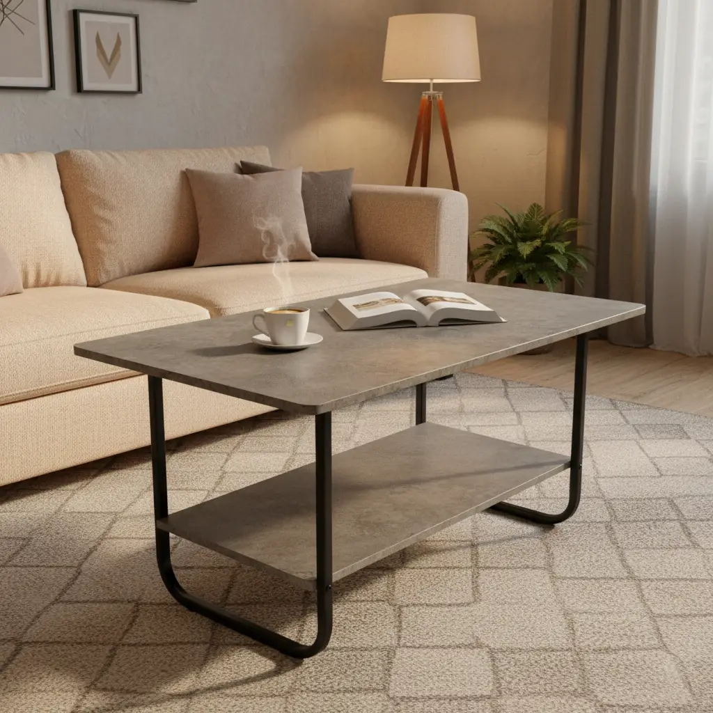 Two-Tier Coffee Table with Concrete-Effect Top & Black Frame Coffee Table Coffee Tables