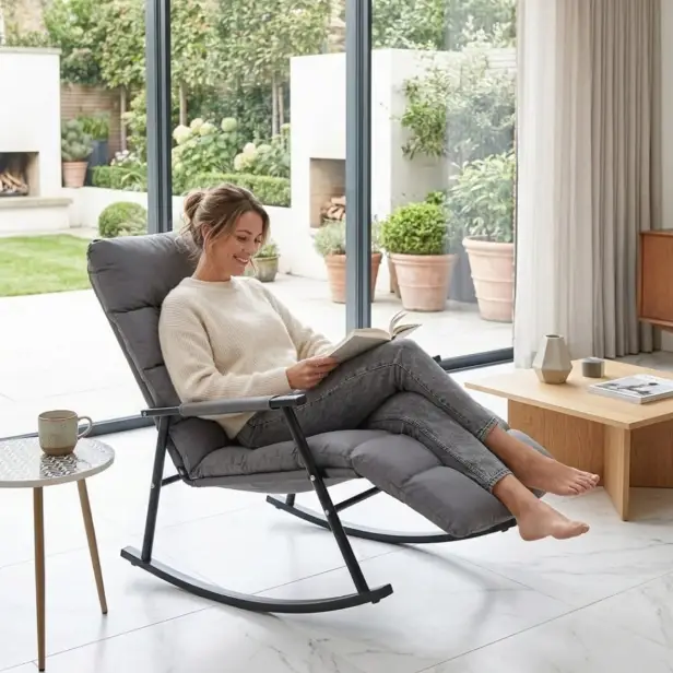 Adjustable Padded Indoor Rocking Chair Grey Quilted Cushion Steel Rocker Frame Furniture Nursery Rocking Chairs