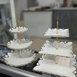 Cake Stand - 3-Tier White Ceramic Gold Rim Petal Edge Cupcake and Fruit Display Stand Kitchen & Dining Cake Stands