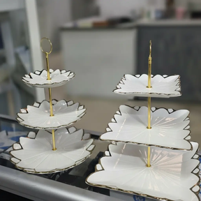 Cake Stand - 3-Tier White Ceramic Gold Rim Petal Edge Cupcake and Fruit Display Stand Kitchen & Dining Cake Stands
