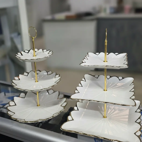 Cake Stand - 3-Tier White Ceramic Gold Rim Petal Edge Cupcake and Fruit Display Stand Kitchen & Dining Cake Stands