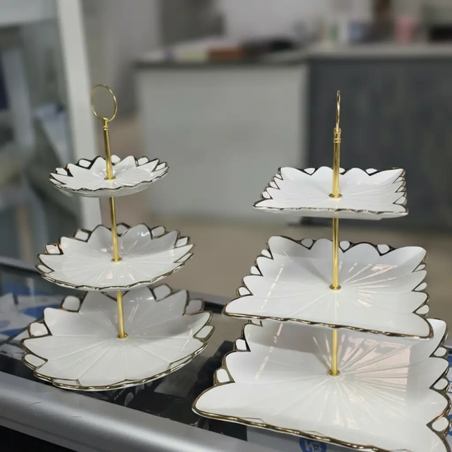 Cake Stand - 3-Tier White Ceramic Gold Rim Petal Edge Cupcake and Fruit Display Stand Kitchen & Dining Cake Stands