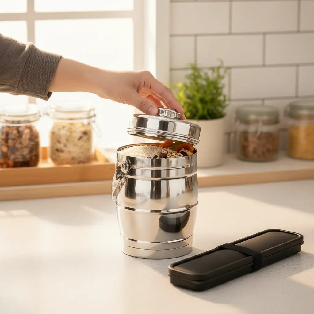 Lunch Combo - 3-in-1 Stainless Steel 2L Insulated Stackable Box 8pc Cutlery Set Kitchen & Dining Lunch Box Sets