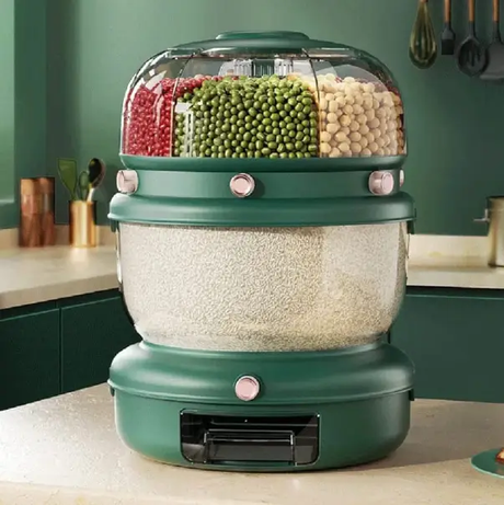 Cereal Dispenser - Double Layer 360 Rotating 6-Compartment Upper 5kg Lower Green Kitchen & Dining Food Storage Containers
