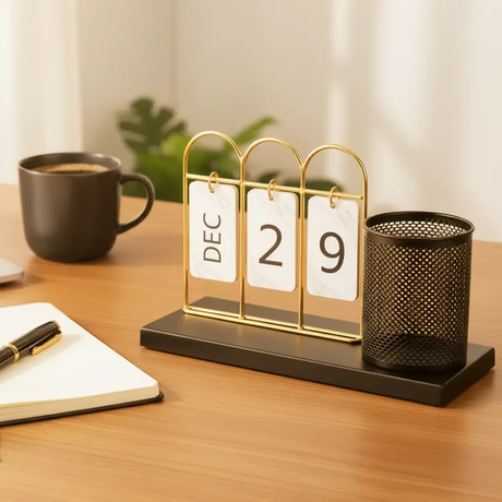 Desk Calendar Luxe Flip Card With Gold Frame And Mesh Pen Holder Home & Garden Desk Calendars