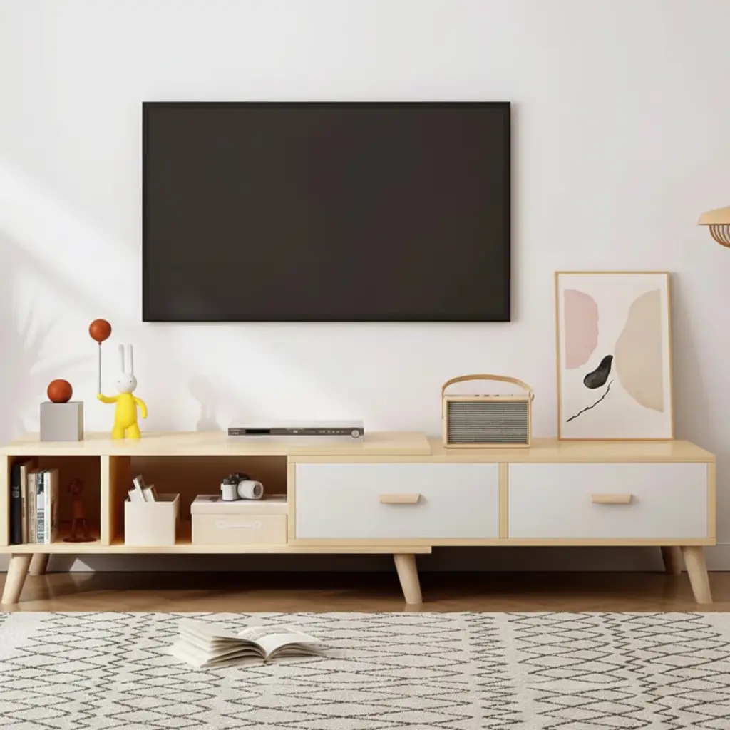 TV Stand - Expandable 2-Drawer with Open Shelves and Natural Wood Furniture Entertainment Centers & TV Stands