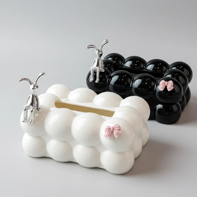 Bubble Tissue Box Holder with Bow and Bunny Figurine - Black Home Decor Facial Tissue Holders