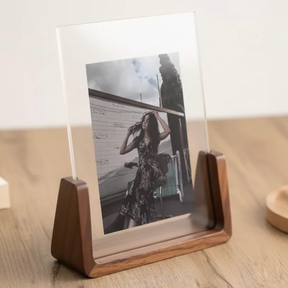 Clear Acrylic Photo Frame Wooden U-Base Walnut Oak Portrait Landscape Desk Shelf Home & Garden Picture Frames