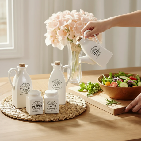 4-in-1 Beautiful Home Ceramic Cruet Set White Farmhouse Oil Vinegar Salt Pepper Kitchen & Dining Condiment Dispensers
