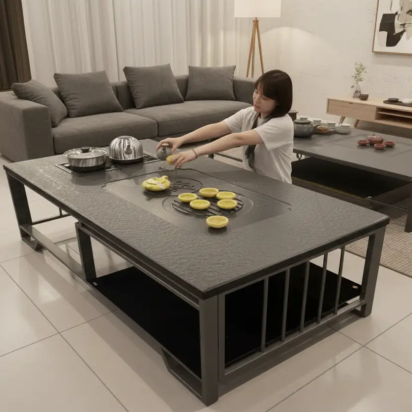 Tea Table -Volcanic Stone Top with Built-In Cooktop and Lower Shelf Black Furniture Kitchen & Dining Room Tables