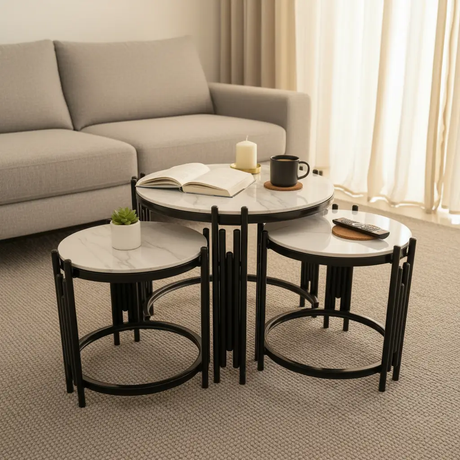 Nesting Tables - 3-in-1 Nordic Marble Top with Black Metal Arch Base Set of 3 Furniture End Tables