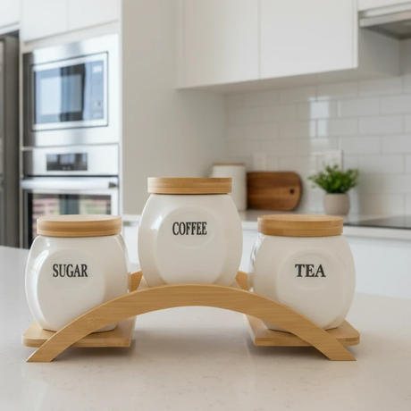 3-Piece Ceramic Canister Set with Curved Bamboo Stand Coffee Tea Sugar Kitchen & Dining Food Storage Containers