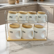 7-Piece Labelled Ceramic Canister Set with Bamboo Lids and Chrome Rack Kitchen Storage Kitchen & Dining Food Storage Containers