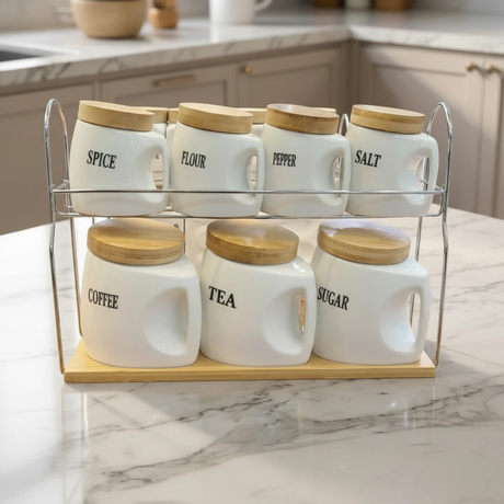 7-Piece Labelled Ceramic Canister Set with Bamboo Lids and Chrome Rack Kitchen Storage Kitchen & Dining Food Storage Containers