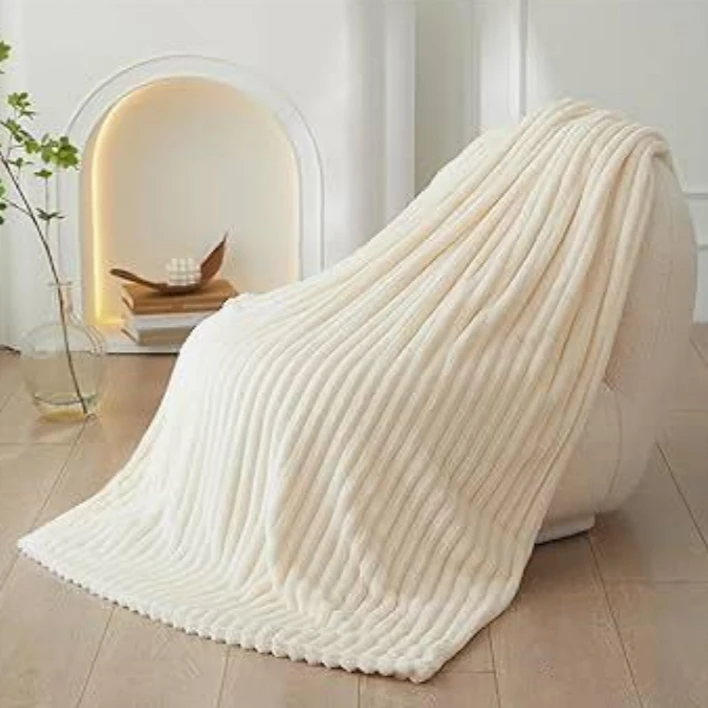 Warm Ribbed Fleece Throw Blanket 200x200cm Pom-Pom Fringe Camel Navy Cream Teal Bedding Home & Garden Blankets