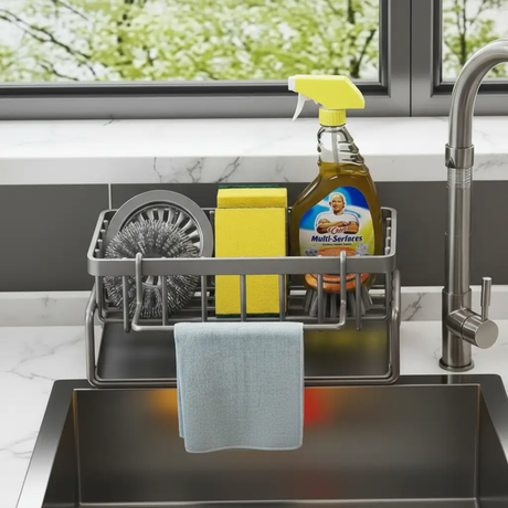Grey Carbon Steel Sink Caddy Towel Bar Sponge Brush Holder Kitchen Bathroom Countertop Home & Garden Sink Caddies